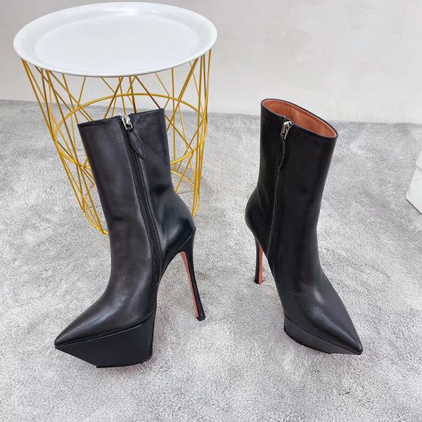 

amina runway stiletto short boots women extreme high heels 14.5cm boots zipper ankle boot genuine leather pointed toe platform shoes woman l, Black