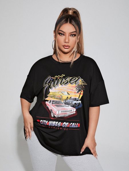 

plus car & letter graphic drop shoulder tee 04al#, Black