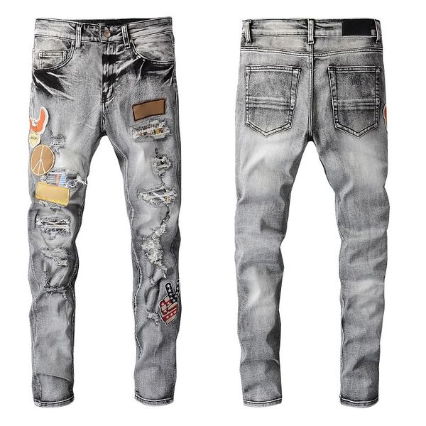 

2022ss mens cool rips stretch designer jeans distressed ripped biker slim fit washed motorcycle denim men s hip hop jean fashion man pants., Blue
