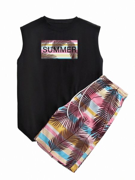 

men tropical & letter graphic tank & drawstring waist shorts 592r#, Gray