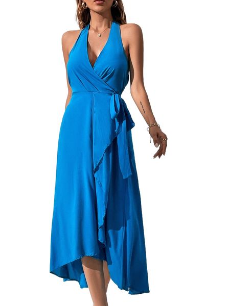 

plicated detail wrap knot side tie backless halter dress 76sn#, Black;gray