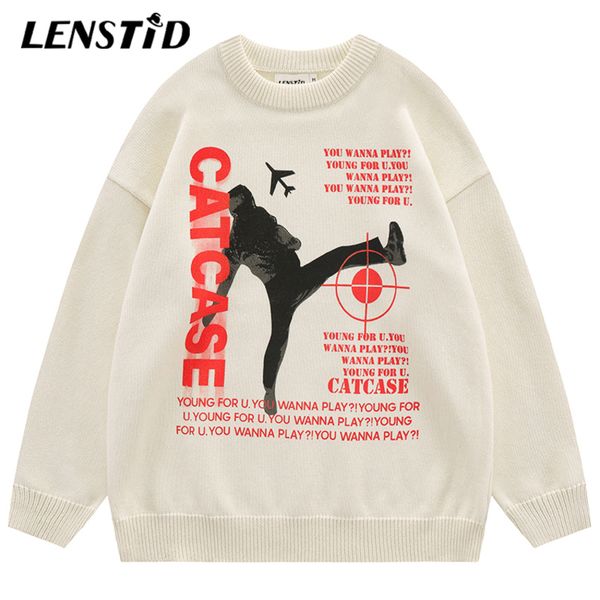 

lenstid autumn men knitted jumper sweaters hip hop graphic letter print streetwear harajuku casual cotton pullover clothing, White;black