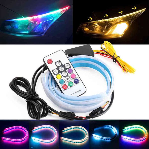 

2x app/rgb remote drl led strip sequential flexible daytime running light 30 45 60cm with turn signal for cars headlight decor y220708