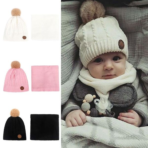 Berets 2 Teile/satz Baby Hut Schal Set Warme Dicke Bommel Häkeln Hals Wrap Beanie Cap Winter Kinder Kleinkind Säuglings motorhaube