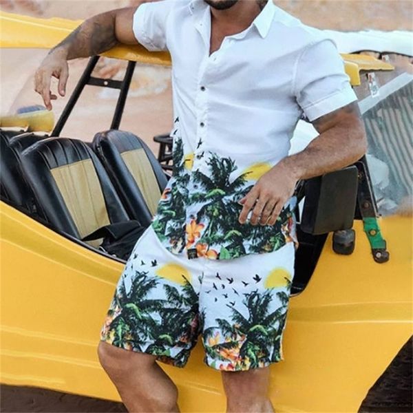 

summer men beach sets streetwear short sleeve lapel shirt printed shorts breathable casual hawaiian suits 2 pieces 220624, Gray