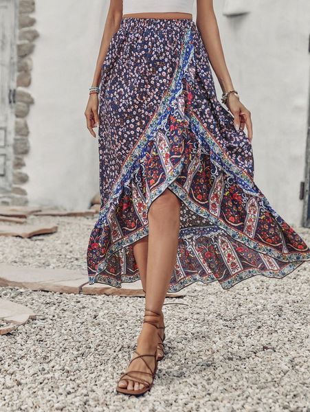 

floral print ruffle trim wrap skirt 65xl#, Black