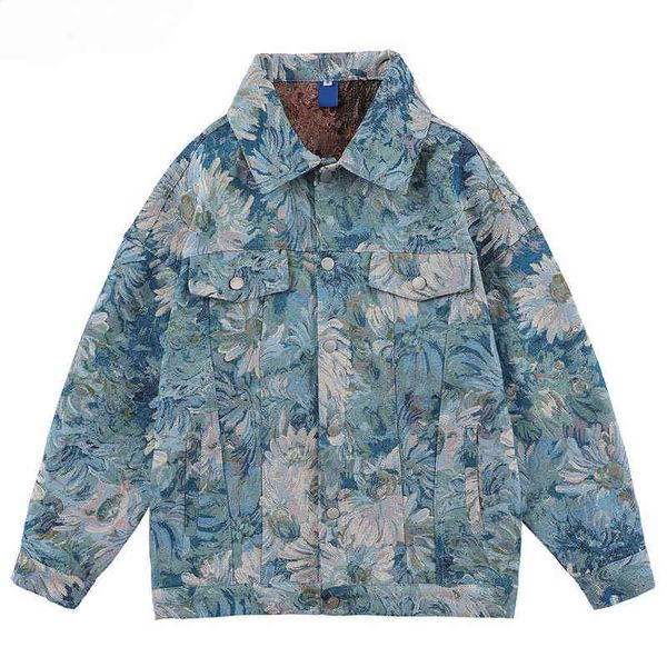 

floral jacquard denim jackets men women oversized men's jean jacket couple clothing t220816, Black;brown