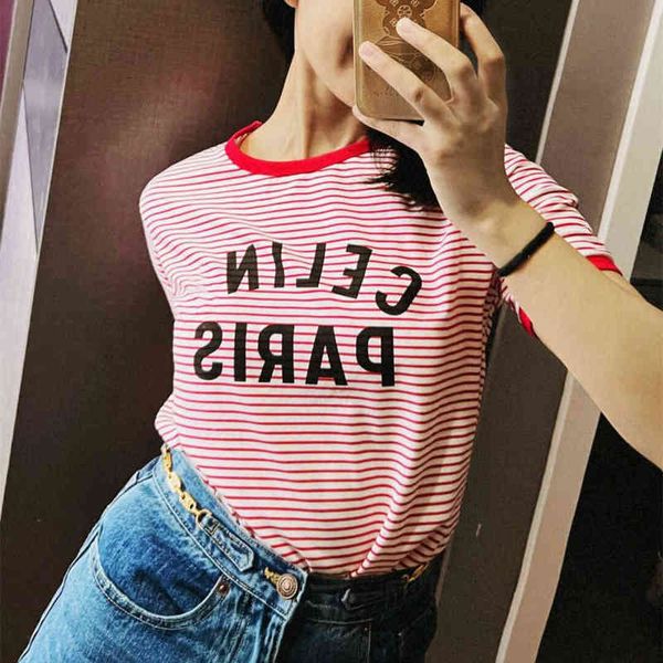 

family spring new women's wear red white stripe flocking neck t-shirt women