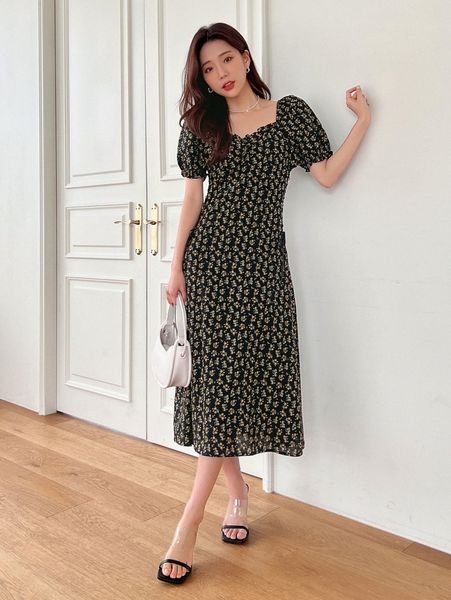 

dazy ditsy floral print lace-up side puff sleeve dress x9eu#, Black;gray