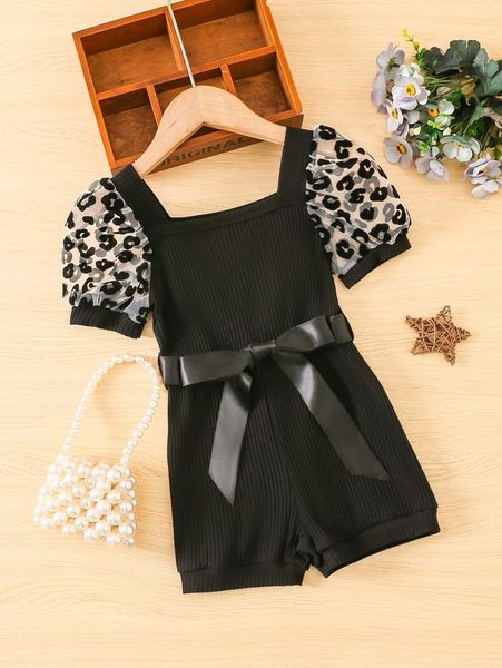 

toddler girls contrast leopard puff sleeve belted romper she, Blue