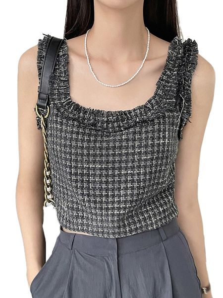 

dazy plaid pattern frill trim tweed tank d2np#, White