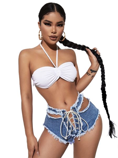 

sxy grommet lace up cut out raw trim denim shorts a9h2#, White;black