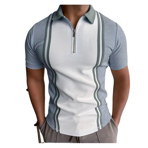 

fashion stripe splice print golf polos t-shirts for mens slim fit zipper lapel design short sleeve casual zip up polo t shirts pls, White;black