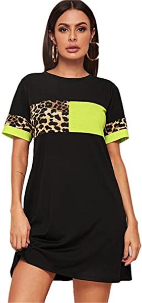 

& tees women's short sleeve patchwork leopard print waist dress, White
