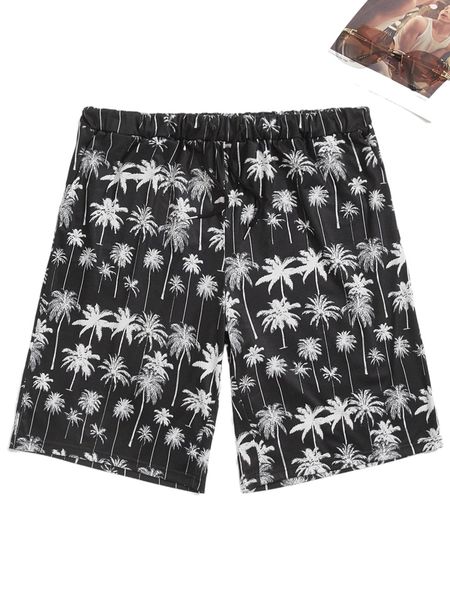 

men palm tree print drawstring waist shorts 18ud#, White;black