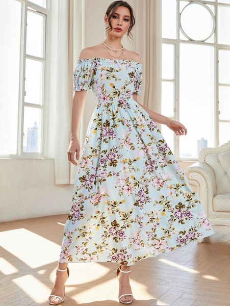 

floral print frill trim off shoulder puff sleeve dress q7hm#, Black;gray