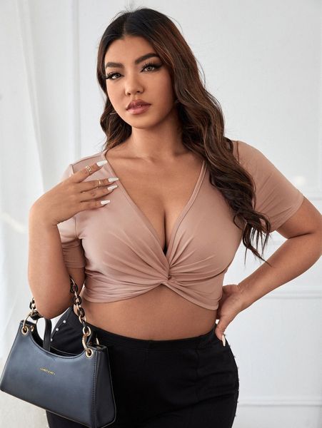 

plus solid twist front crop tee p1i8#, Black