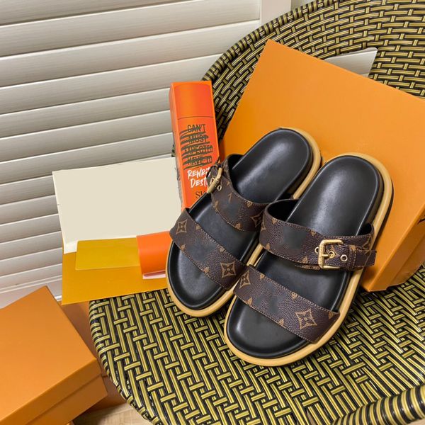 

designer sandals dad sandal slides metal buckle printed double strap leather waterproof, Black