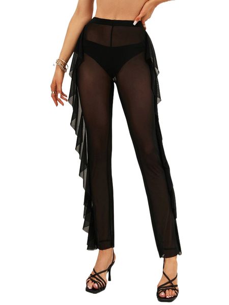 

ruffle trim sheer mesh pants without panty a6ev#, Black;white