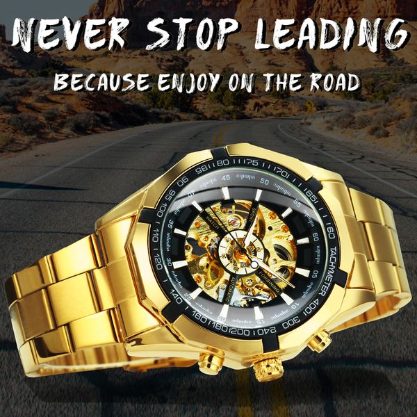 

winner men automatic mechanical gold skeleton vintage man mens watches luxury 220531, Slivery;brown