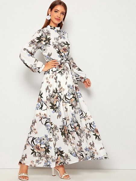 

allover floral print self tie swing maxi dress f4uq#, Black;gray