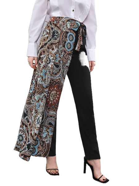 

mandala print knot front 2 in 1 pants f9i0#, Black;white