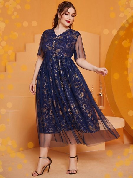 

plus gold floral print mesh dress u6xs#, Black
