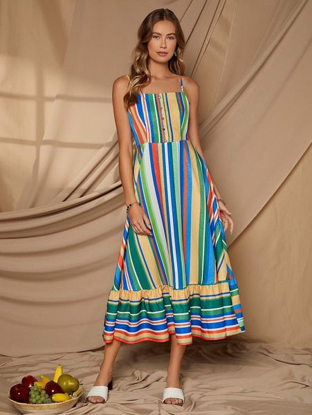 

striped colorblock ruffle hem slip dress 448r#, Black;gray