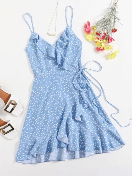 

allover heart print ruffle detail wrap belted slip dress o9b7#, Black;gray