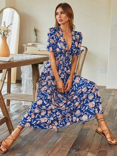 

allover floral print plunging neck shirred waist a-line dress 99uc#, Black;gray