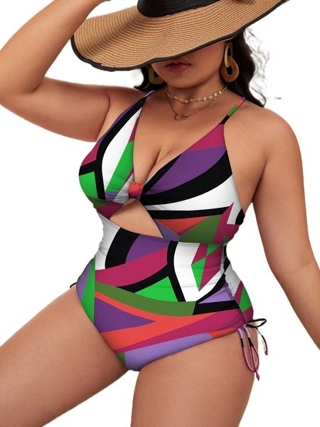 

plus allover print cut out drawstring one piece swimsuit v1yd#, White;black