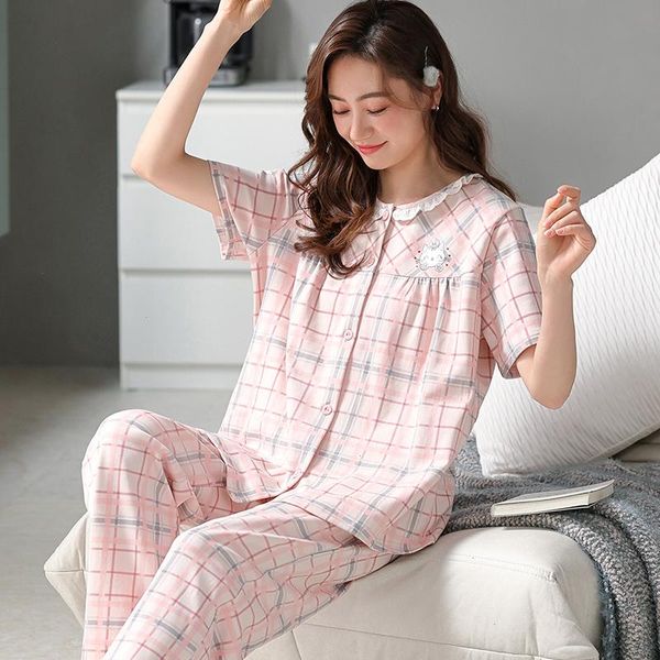 

summer women pajamas set short sleeve sleepwear 100 cotton pyjamas female plaid pijama, Black;red