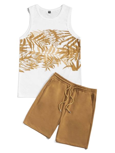 

men leaves print tank & drawstring waist shorts p22l#, Gray