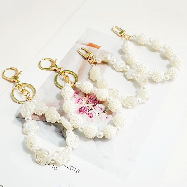 

women heart pendant keychain fashion elegant car imitation pearls key chain rings charm handbag flower tassel cord keyring, Slivery;golden
