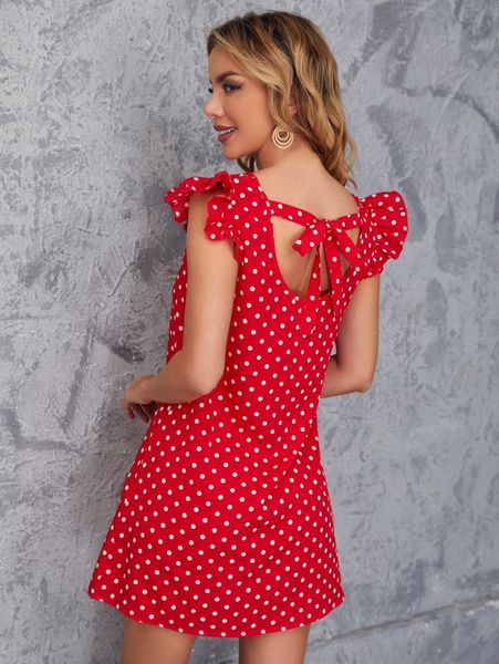 

polka dot tie back ruffle sleeve dress s1aq#, Black;gray