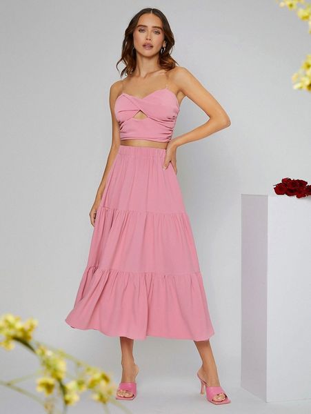 

cut out twist front shirred back cami & ruffle hem skirt d9f7#, White