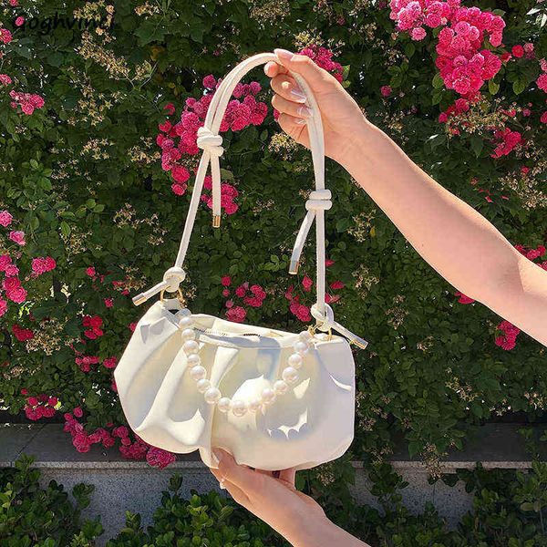 

pu leather pearl shoulder bags women versatile elegant solid brief casual travel underarm fashion high street females handbags y220630