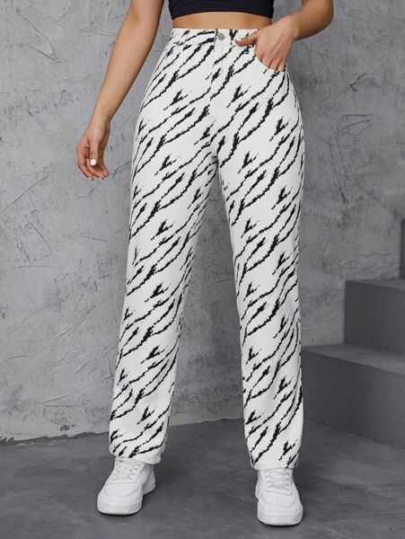

allover print high waisted straight leg pants t4g1#, Black;white