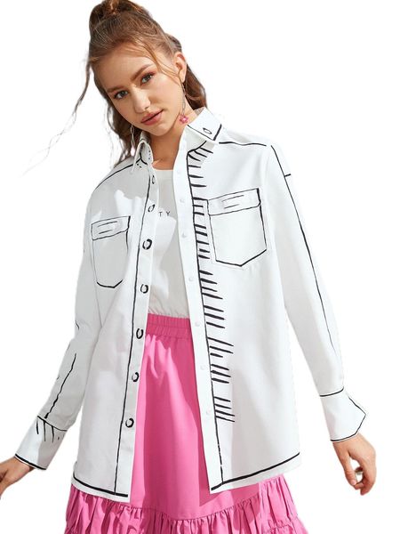 

geo print patched pocket blouse without tee g9ni#, White