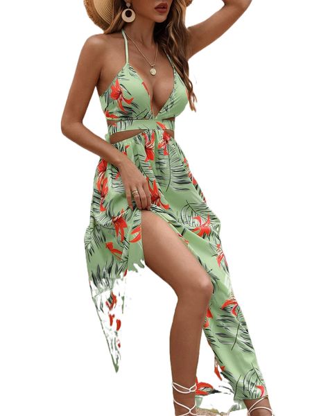 

tropical print backless knot halter neck slit thigh dress q7uw#, Black;gray