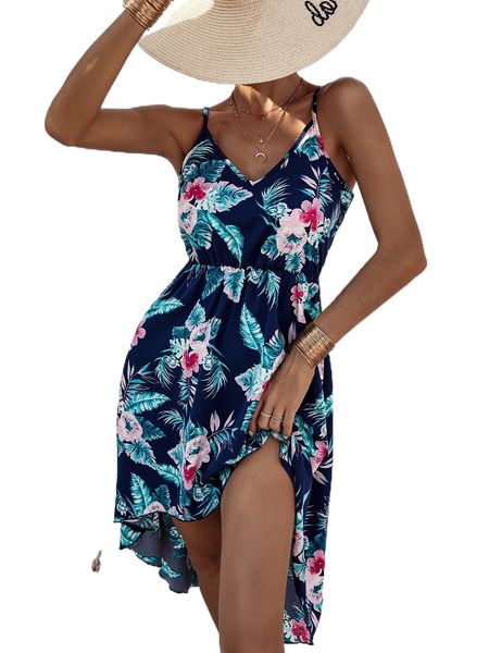 

t.ropical print h.igh l.ow hem cami d.ress m4gk#, Black;gray