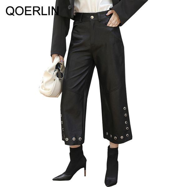 Qoerlin British Style Womens PU Leather Pants MidWaist Cropped Pants Casual Straight Wide Leg Pantaloni da motociclista Plus 210412
