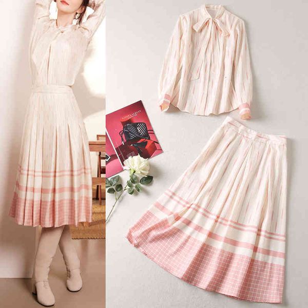 

women's two piece pants urban leisure autumn women's dress bow tie striped shirt high waist large skirt two piece suit, White
