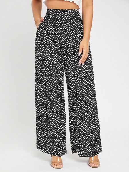 

petite high waist ditsy floral wide leg pants j0su#, Black;white
