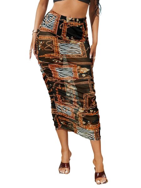 

sxy chain and scarf print mesh ruched pencil skirt a7v3#, Black