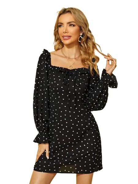 

allover heart print tie front dress i8o3#, Black;gray