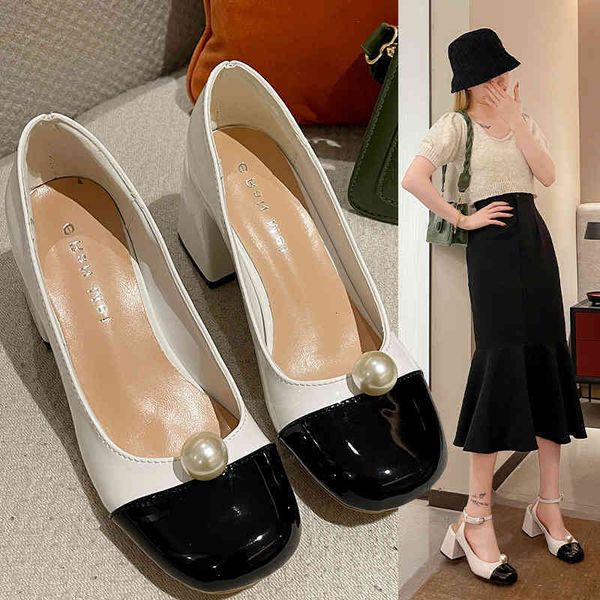 

shoes dress designer luxury spring and summer miu family mary jane round head high heels pearl patent leather thick heel back empty sandals, Black