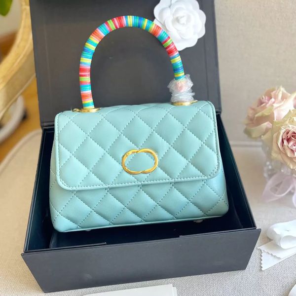 

20 hand tote bag r luxury classic check sheepskin with woven rainbow handle belt design crossbody bag fashion everyday casual versatile wome