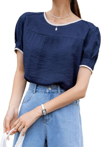 

dazy contrast binding puff sleeve blouse j0f2#, White