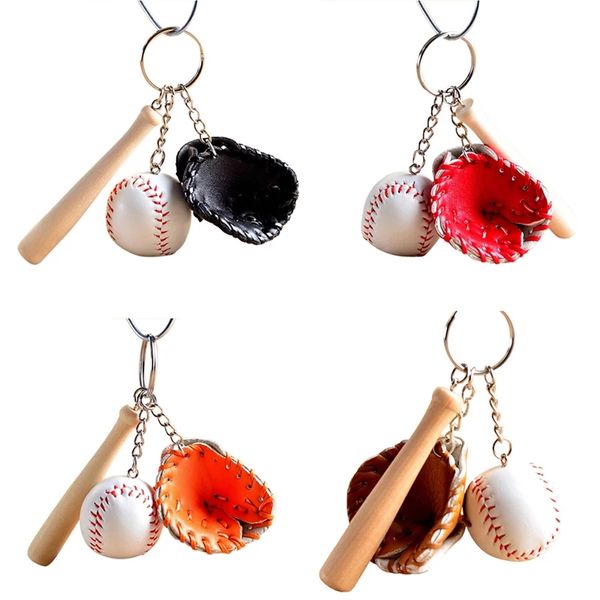 Bomboniera Portachiavi creativo Simpatici mini portachiavi Sport Baseball Portachiavi durevole Portachiavi con ciondolo borsa in tre pezzi Guanto Catena di pipistrello in legno